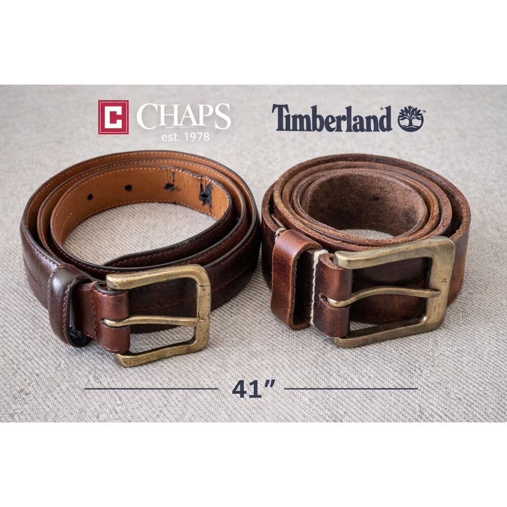 Chaps & Timberland Men’s Leather Belt Bundle Brown 41” Distressed Classic Casual